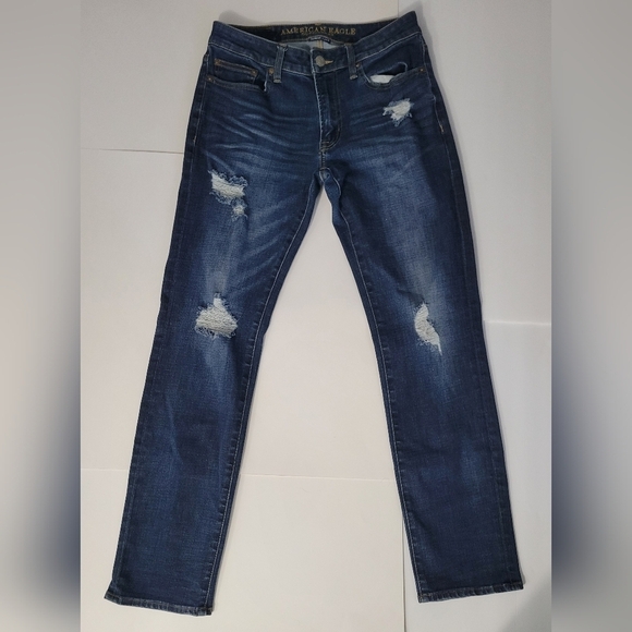 American Eagle Outfitters Extreme Flex Dark Wash Straight Leg Distressed Jeans - Picture 1 of 8